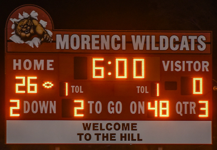 Raymundo Frasquillo Photo/Gila Herald: The game scoreboard was paused six minutes into the second half for lightning. The visitors threw in the towel to conclude the contest.